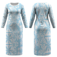 Pastel Blue Kahili Quilt Hawaii Family Matching Long Sleeve Bodycon Dress and Hawaiian Shirt Tropical Flower Seamless Half Style LT14 Mom's Dress Blue - Polynesian Pride