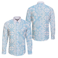 Pastel Blue Kahili Quilt Hawaii Family Matching Long Sleeve Bodycon Dress and Hawaiian Shirt Tropical Flower Seamless Half Style LT14 Dad's Shirt - Long Sleeve Blue - Polynesian Pride