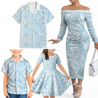 Pastel Blue Kahili Quilt Hawaii Family Matching Off The Shoulder Long Sleeve Dress and Hawaiian Shirt Tropical Flower Seamless Half Style LT14 - Polynesian Pride
