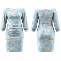 Pastel Blue Kahili Quilt Hawaii Family Matching Off The Shoulder Long Sleeve Dress and Hawaiian Shirt Tropical Flower Seamless Half Style LT14 Mom's Dress Blue - Polynesian Pride