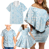 Pastel Blue Kahili Quilt Hawaii Family Matching Off Shoulder Short Dress and Hawaiian Shirt Tropical Flower Seamless Half Style LT14 - Polynesian Pride