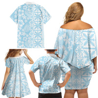 Pastel Blue Kahili Quilt Hawaii Family Matching Off Shoulder Short Dress and Hawaiian Shirt Tropical Flower Seamless Half Style