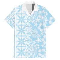 Pastel Blue Kahili Quilt Hawaii Family Matching Off Shoulder Short Dress and Hawaiian Shirt Tropical Flower Seamless Half Style