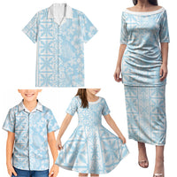 Pastel Blue Kahili Quilt Hawaii Family Matching Puletasi and Hawaiian Shirt Tropical Flower Seamless Half Style LT14 - Polynesian Pride
