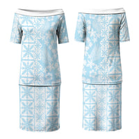 Pastel Blue Kahili Quilt Hawaii Family Matching Puletasi and Hawaiian Shirt Tropical Flower Seamless Half Style LT14 Mom's Dress Blue - Polynesian Pride