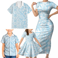Pastel Blue Kahili Quilt Hawaii Family Matching Short Sleeve Bodycon Dress and Hawaiian Shirt Tropical Flower Seamless Half Style LT14 - Polynesian Pride