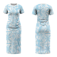 Pastel Blue Kahili Quilt Hawaii Family Matching Short Sleeve Bodycon Dress and Hawaiian Shirt Tropical Flower Seamless Half Style LT14 Mom's Dress Blue - Polynesian Pride