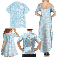 Pastel Blue Kahili Quilt Hawaii Family Matching Summer Maxi Dress and Hawaiian Shirt Tropical Flower Seamless Half Style