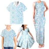 Pastel Blue Kahili Quilt Hawaii Family Matching Tank Maxi Dress and Hawaiian Shirt Tropical Flower Seamless Half Style