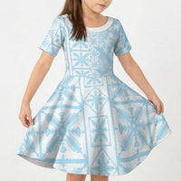Pastel Blue Kahili Quilt Hawaii Kid Short Sleeve Dress Tropical Flower Seamless Half Style LT14 KID Blue - Polynesian Pride