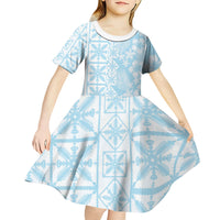 Pastel Blue Kahili Quilt Hawaii Kid Short Sleeve Dress Tropical Flower Seamless Half Style