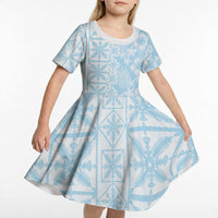 Pastel Blue Kahili Quilt Hawaii Kid Short Sleeve Dress Tropical Flower Seamless Half Style LT14 - Polynesian Pride