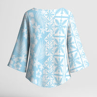 Pastel Blue Kahili Quilt Hawaii Kimono Sleeve Blouse Tropical Flower Seamless Half Style