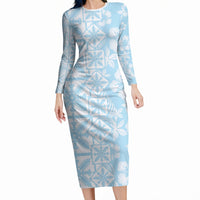 Pastel Blue Kahili Quilt Hawaii Long Sleeve Bodycon Dress Tropical Flower Seamless Half Style LT14 Long Dress Blue - Polynesian Pride