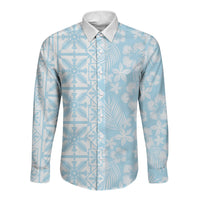 Pastel Blue Kahili Quilt Hawaii Long Sleeve Button Shirt Tropical Flower Seamless Half Style LT14 Unisex Blue - Polynesian Pride