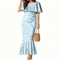 Pastel Blue Kahili Quilt Hawaii Mermaid Dress Tropical Flower Seamless Half Style LT14 Women Blue - Polynesian Pride