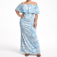 Pastel Blue Kahili Quilt Hawaii Off Shoulder Maxi Dress Tropical Flower Seamless Half Style LT14 Women Blue - Polynesian Pride