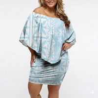 Pastel Blue Kahili Quilt Hawaii Off Shoulder Short Dress Tropical Flower Seamless Half Style LT14 Women Blue - Polynesian Pride