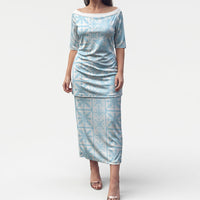 Pastel Blue Kahili Quilt Hawaii Puletasi Tropical Flower Seamless Half Style LT14 Long Dress Blue - Polynesian Pride