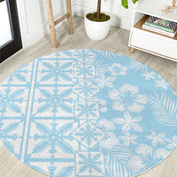 Pastel Blue Kahili Quilt Hawaii Round Carpet Tropical Flower Seamless Half Style