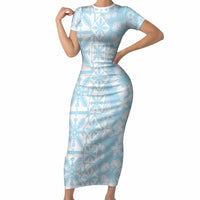 Pastel Blue Kahili Quilt Hawaii Short Sleeve Bodycon Dress Tropical Flower Seamless Half Style LT14 Long Dress Blue - Polynesian Pride