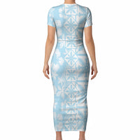 Pastel Blue Kahili Quilt Hawaii Short Sleeve Bodycon Dress Tropical Flower Seamless Half Style LT14 - Polynesian Pride
