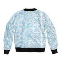 Pastel Blue Kahili Quilt Hawaii Sleeve Zip Bomber Jacket Tropical Flower Seamless Half Style