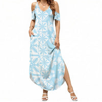 Pastel Blue Kahili Quilt Hawaii Summer Maxi Dress Tropical Flower Seamless Half Style LT14 Women Blue - Polynesian Pride