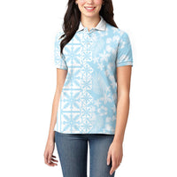 Pastel Blue Kahili Quilt Hawaii Women Polo Shirt Tropical Flower Seamless Half Style