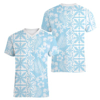 Pastel Blue Kahili Quilt Hawaii Women V-Neck T-Shirt Tropical Flower Seamless Half Style