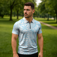 Pastel Blue Kahili Quilt Hawaii Zipper Polo Shirt Tropical Flower Seamless Half Style LT14 - Polynesian Pride