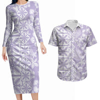 Pastel Purple Kahili Quilt Hawaii Couples Matching Long Sleeve Bodycon Dress and Hawaiian Shirt Tropical Flower Seamless Half Style LT14 Purple - Polynesian Pride