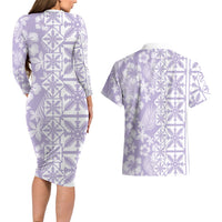 Pastel Purple Kahili Quilt Hawaii Couples Matching Long Sleeve Bodycon Dress and Hawaiian Shirt Tropical Flower Seamless Half Style