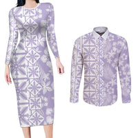 Pastel Purple Kahili Quilt Hawaii Couples Matching Long Sleeve Bodycon Dress and Long Sleeve Button Shirt Tropical Flower Seamless Half Style