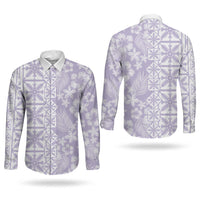 Pastel Purple Kahili Quilt Hawaii Couples Matching Long Sleeve Bodycon Dress and Long Sleeve Button Shirt Tropical Flower Seamless Half Style LT14 - Polynesian Pride