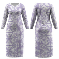 Pastel Purple Kahili Quilt Hawaii Couples Matching Long Sleeve Bodycon Dress and Long Sleeve Button Shirt Tropical Flower Seamless Half Style LT14 - Polynesian Pride