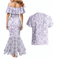 Pastel Purple Kahili Quilt Hawaii Couples Matching Mermaid Dress and Hawaiian Shirt Tropical Flower Seamless Half Style