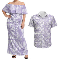 Pastel Purple Kahili Quilt Hawaii Couples Matching Off Shoulder Maxi Dress and Hawaiian Shirt Tropical Flower Seamless Half Style LT14 Purple - Polynesian Pride