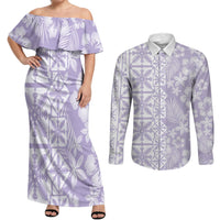 Pastel Purple Kahili Quilt Hawaii Couples Matching Off Shoulder Maxi Dress and Long Sleeve Button Shirt Tropical Flower Seamless Half Style LT14 Purple - Polynesian Pride
