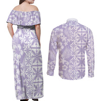 Pastel Purple Kahili Quilt Hawaii Couples Matching Off Shoulder Maxi Dress and Long Sleeve Button Shirt Tropical Flower Seamless Half Style