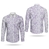 Pastel Purple Kahili Quilt Hawaii Couples Matching Off Shoulder Maxi Dress and Long Sleeve Button Shirt Tropical Flower Seamless Half Style LT14 - Polynesian Pride