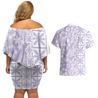 Pastel Purple Kahili Quilt Hawaii Couples Matching Off Shoulder Short Dress and Hawaiian Shirt Tropical Flower Seamless Half Style