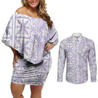 Pastel Purple Kahili Quilt Hawaii Couples Matching Off Shoulder Short Dress and Long Sleeve Button Shirt Tropical Flower Seamless Half Style LT14 Purple - Polynesian Pride