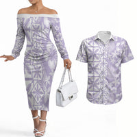 Pastel Purple Kahili Quilt Hawaii Couples Matching Off The Shoulder Long Sleeve Dress and Hawaiian Shirt Tropical Flower Seamless Half Style LT14 Purple - Polynesian Pride