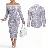 Pastel Purple Kahili Quilt Hawaii Couples Matching Off The Shoulder Long Sleeve Dress and Long Sleeve Button Shirt Tropical Flower Seamless Half Style LT14 Purple - Polynesian Pride
