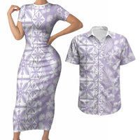 Pastel Purple Kahili Quilt Hawaii Couples Matching Short Sleeve Bodycon Dress and Hawaiian Shirt Tropical Flower Seamless Half Style LT14 Purple - Polynesian Pride