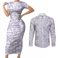 Pastel Purple Kahili Quilt Hawaii Couples Matching Short Sleeve Bodycon Dress and Long Sleeve Button Shirt Tropical Flower Seamless Half Style LT14 Purple - Polynesian Pride