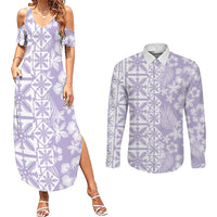 Pastel Purple Kahili Quilt Hawaii Couples Matching Summer Maxi Dress and Long Sleeve Button Shirt Tropical Flower Seamless Half Style