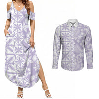 Pastel Purple Kahili Quilt Hawaii Couples Matching Summer Maxi Dress and Long Sleeve Button Shirt Tropical Flower Seamless Half Style LT14 Purple - Polynesian Pride