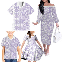 Pastel Purple Kahili Quilt Hawaii Family Matching Off The Shoulder Long Sleeve Dress and Hawaiian Shirt Tropical Flower Seamless Half Style